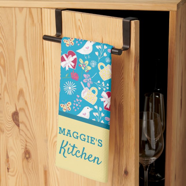 Linge De Cuisine Cute Country Blue Retro Teacup Heart Bird Motif (Pliage en tiers)