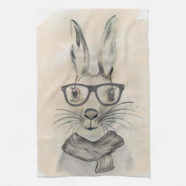 Linge De Cuisine Cute drôle d'aquarelle lapin avec lunettes et écha (Vertical)