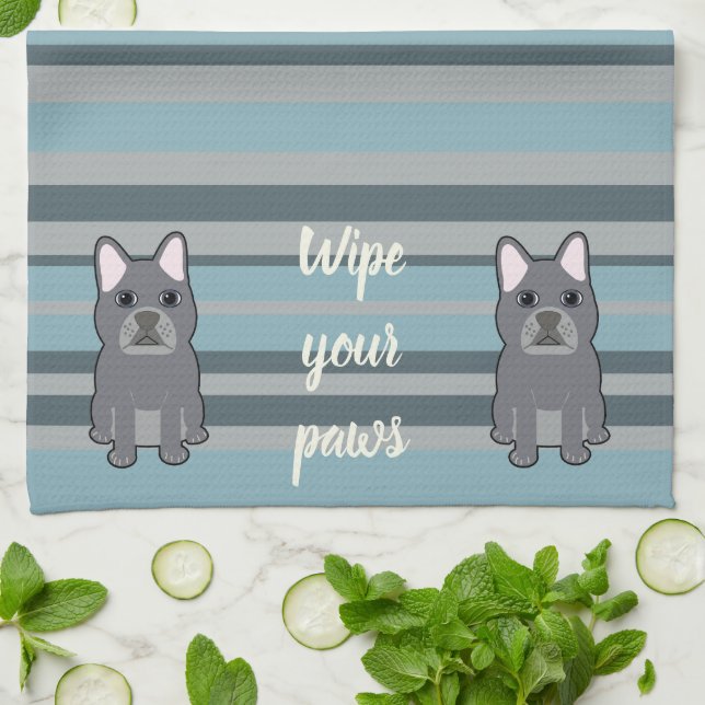 Linge De Cuisine Cute French Bulldog Blue Striped (Plié)