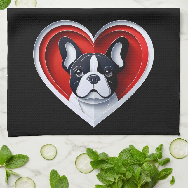 Linge De Cuisine Cute French Bulldog Frenchie in Red Heart (Plié)