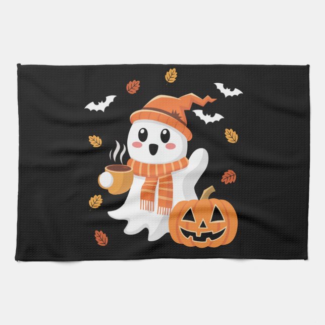 Linge De Cuisine Cute Ghost Boire Café de glace Halloween (Horizontal)