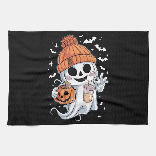 Linge De Cuisine Cute Ghost Boire Café Halloween Café glacé (Horizontal)