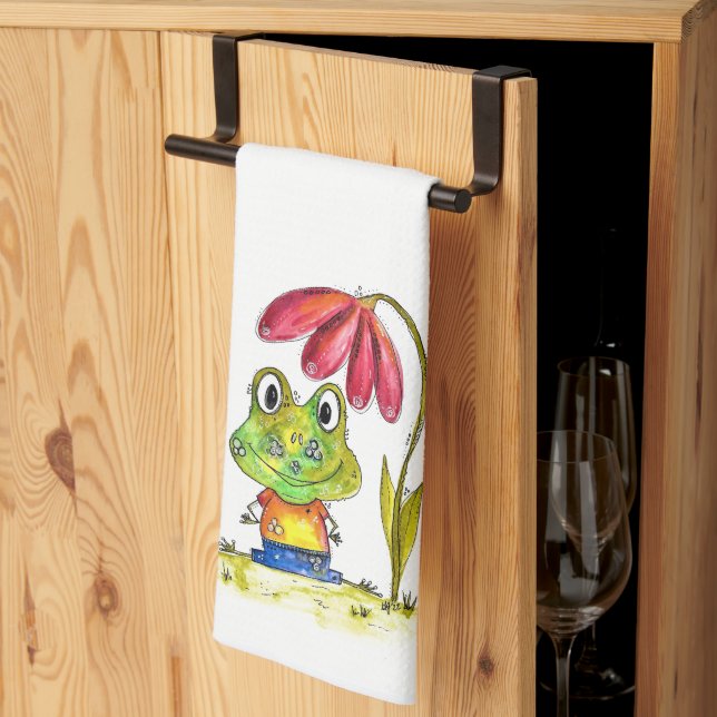 Linge De Cuisine Cute grenouille blanche Whimsical sous une fleur r (Pliage en tiers)