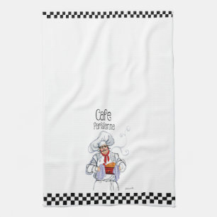 Linge De Cuisine Cute Grosse Chef Française Caricature Black White 