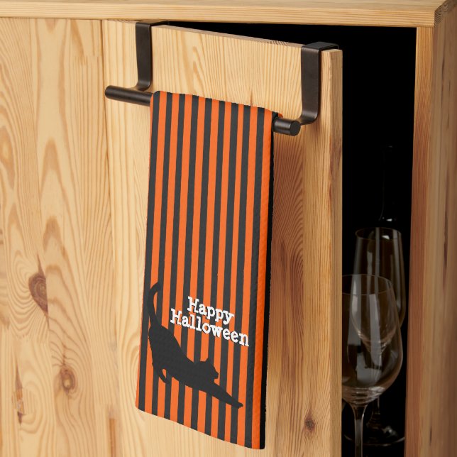 Linge De Cuisine Cute Halloween Chat Noir Étirement Orange Stripes (Pliage en tiers)