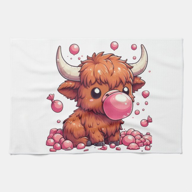 Linge De Cuisine Cute Highland Cow calf blowing bubbles (Horizontal)