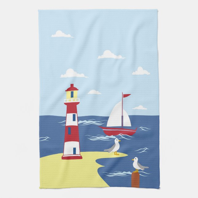 Linge De Cuisine Cute Lighthouse and Boat Seaside Art (Vertical)