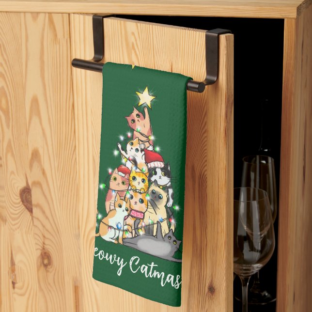 Linge De Cuisine Cute Meowy Catmas Chats Noël Arbre Personnalisé (Pliage en tiers)