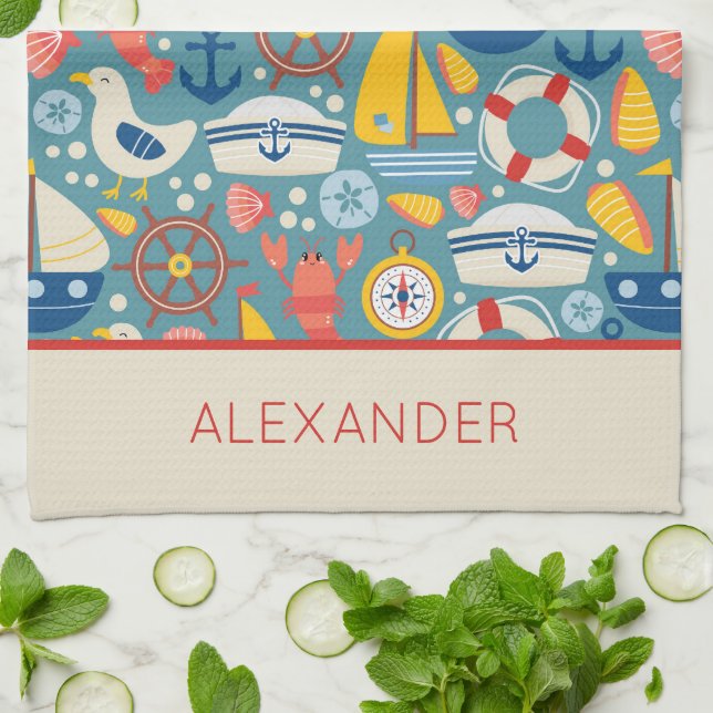 Linge De Cuisine Cute Nautical Sea Life Personnalisé (Plié)