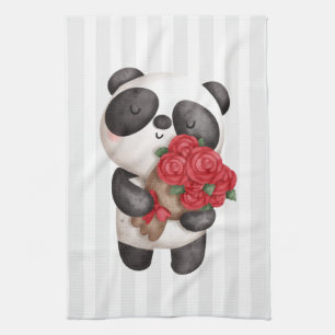 Linge De Cuisine Cute ours Panda avec Bouquet de Rose sur les bande