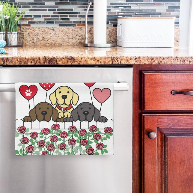 Linge De Cuisine Cute Trois Labradors Cartoon Watching Roses (Cute Three Labs Watching Kitchen Towel for Labrador Owners. Dog Cartoon Design.  Personalized.)