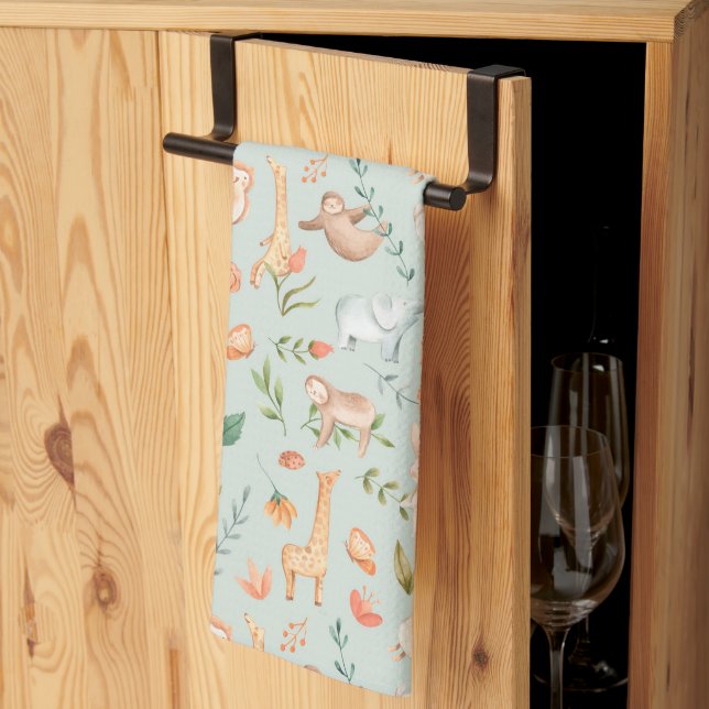 Linge De Cuisine Cute Turquoise bébé animal Pastel Motif (Pliage en tiers)