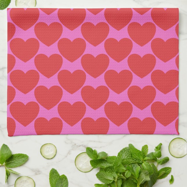 Linge De Cuisine Cute Valentine's Day Pink and Red Heart Pattern (Plié)