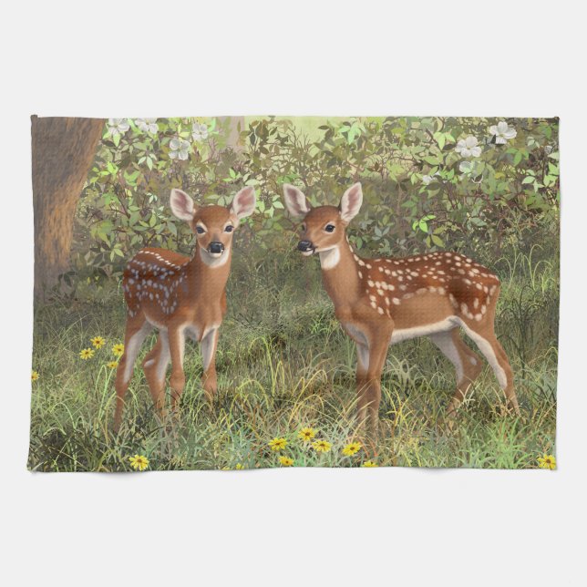 Linge De Cuisine Cute White Deer Twin Fawns (Horizontal)