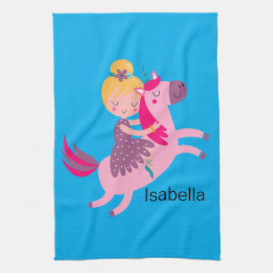 Linge De Cuisine Cute Yellow Haired Girl équitation sur une licorne