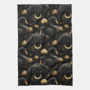 Linge De Cuisine Cygne noir mystique et motif de lotus doré