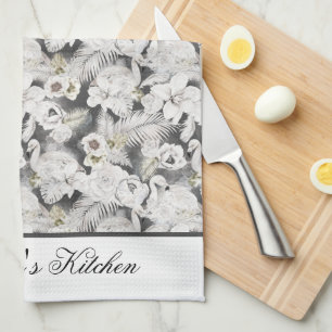 Linge De Cuisine Cygnes Fleurs Floral Élégant Style Gris Blanc