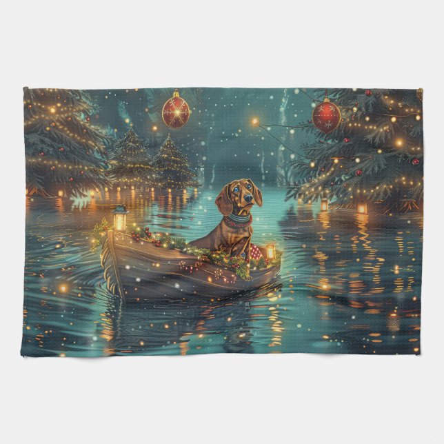 Linge De Cuisine Dachshund Noël Festive Voyage (Horizontal)