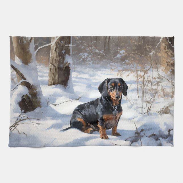 Linge De Cuisine Dachshund Qu'Il Neige Noël (Horizontal)