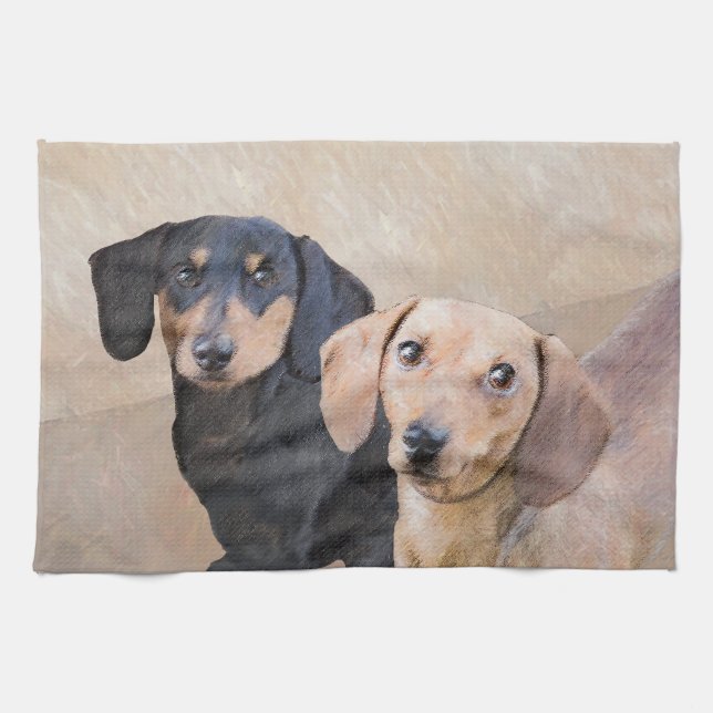 Linge De Cuisine Dachshund (Smooth) Peinture - Art Chien original (Horizontal)