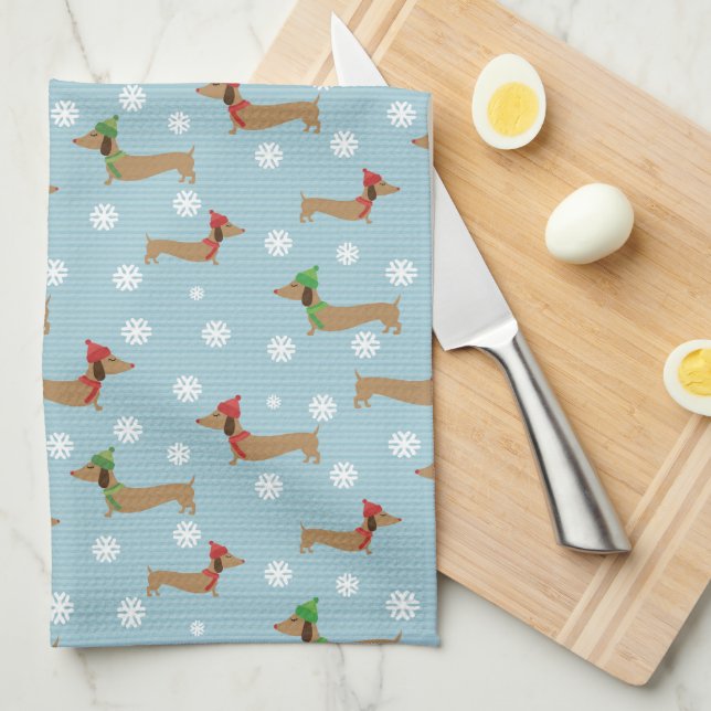 Linge De Cuisine Dachshunds & Snowflakes sur Blue (Quart Plié)