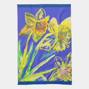 Linge De Cuisine Daffodilatation Florale Ressort Aquarelle Tea bleu