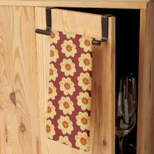 Linge De Cuisine Dahlia jaune motif floral sur fond rouge brique