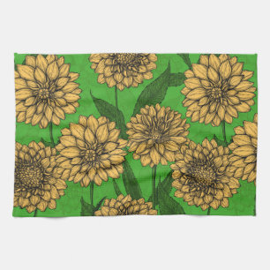 Linge De Cuisine Dahlias en jaune et vert