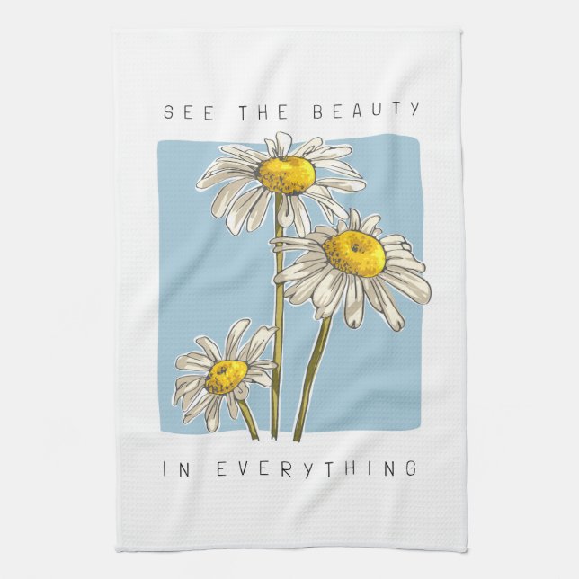 Linge De Cuisine Daisy Flowers Beauté Slogan (Vertical)