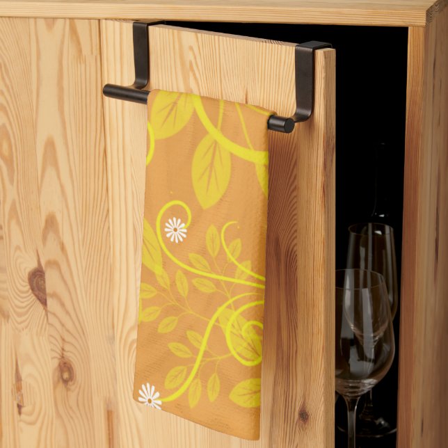 Linge De Cuisine Daisy rétro et filigue jaune sur orange (Pliage en tiers)