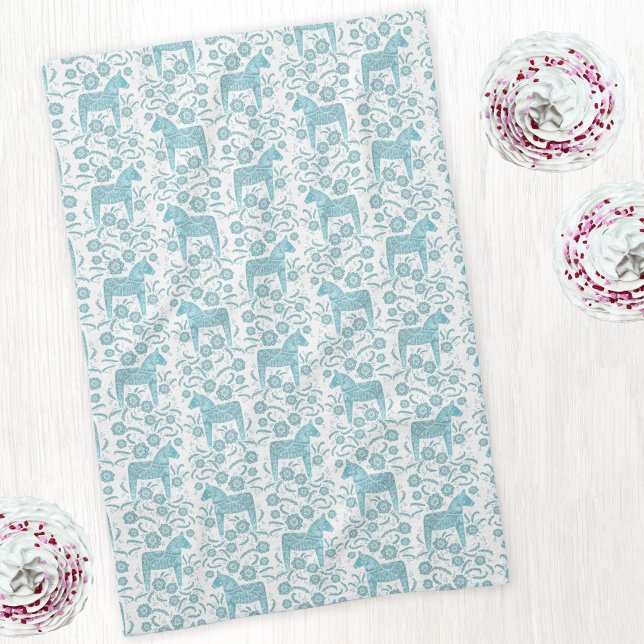 Linge De Cuisine Dala suédois Cheval Folse Art Turquoise Vert (Swedish Dala horse teal green and white art kitchen tea towel)