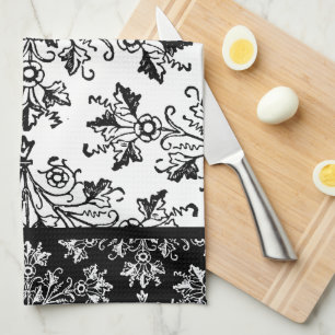 Linge De Cuisine Damas noir sur blanc avec bordure couleur Revers