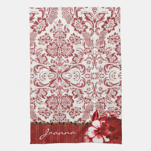Linge De Cuisine Damas Rouges Et Fleurs (Vertical)
