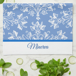 Linge De Cuisine Damask blanc avec bordure modifiable