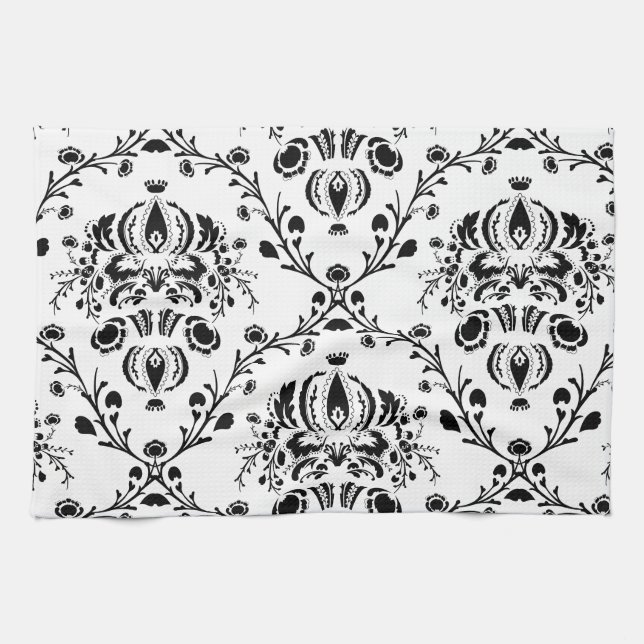 Linge De Cuisine Damask blanc et noir (Horizontal)