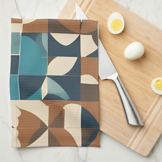 Linge De Cuisine Dark Blue, Teal, Brown, and Tan Geometric Pattern (Quart Plié)