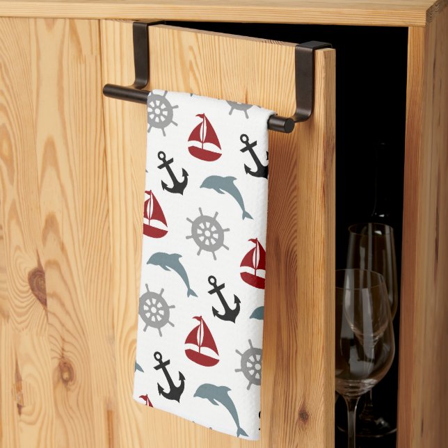 Linge De Cuisine Dauphin de voilier Ancre Motif Marine et Rouge (Pliage en tiers)