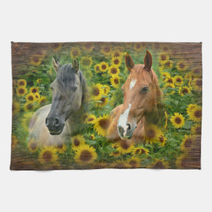 Linge De Cuisine De beaux chevaux dans le champ de tournesols