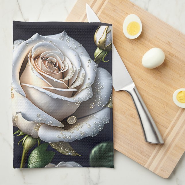 Linge De Cuisine De magnifiques roses blanches aux détails dorés (Quart Plié)