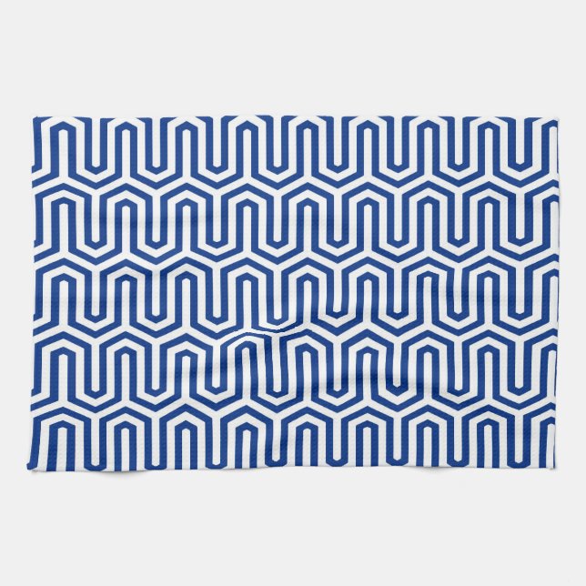 Linge De Cuisine Déco motif égyptien - bleu cobalt et blanc (Horizontal)