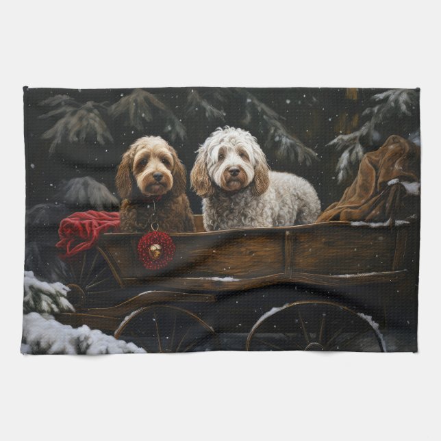 Linge De Cuisine Décor de Noël Cockapoo Snowy Sleigh (Horizontal)