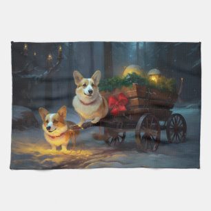 Linge De Cuisine Décor de Noël Corgi Snowy Sleigh