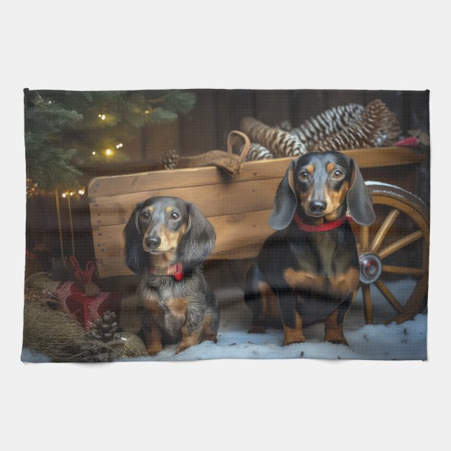 Linge De Cuisine Décor de Noël Dachshund Snowy Sleigh (Horizontal)