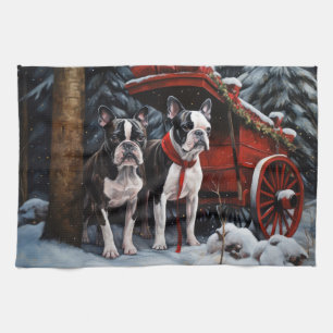 Linge De Cuisine Décor de Noël de Boston Terrier Snowy Sleigh
