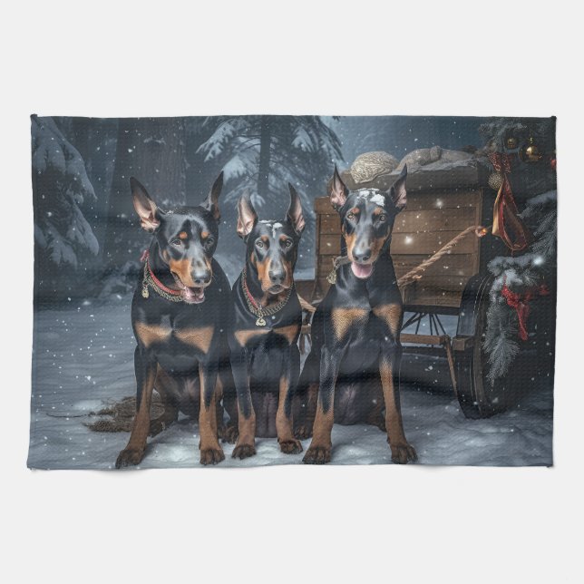 Linge De Cuisine Décor de Noël Doberman Snowy Sleigh (Horizontal)