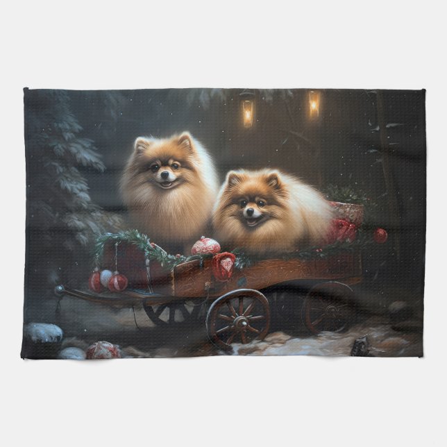 Linge De Cuisine Décor de Noël Poméranien Snowy Sleigh (Horizontal)