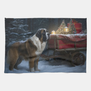 Linge De Cuisine Décor de Noël Saint Bernard Snowy Sleigh