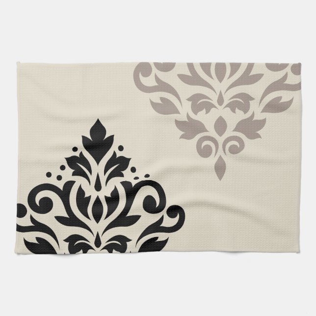 Linge De Cuisine Défiler Damask Art I Black Taupe Crème (Horizontal)