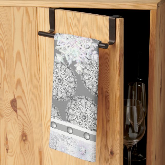 Linge De Cuisine Dentelle en céramique grise et flocon de neige (Pliage en tiers)