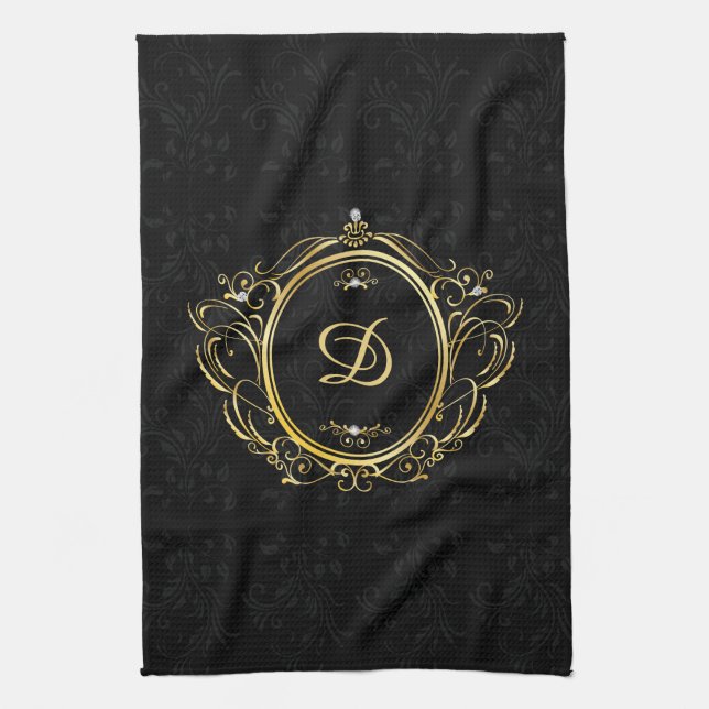 Linge De Cuisine Design damassé noir monogramme or classique (Vertical)